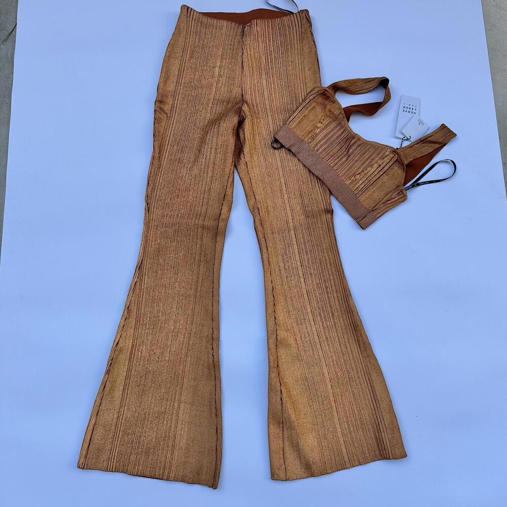 HERVE LEGER new with tags set flare ribbed pants & cropped top gold sz s